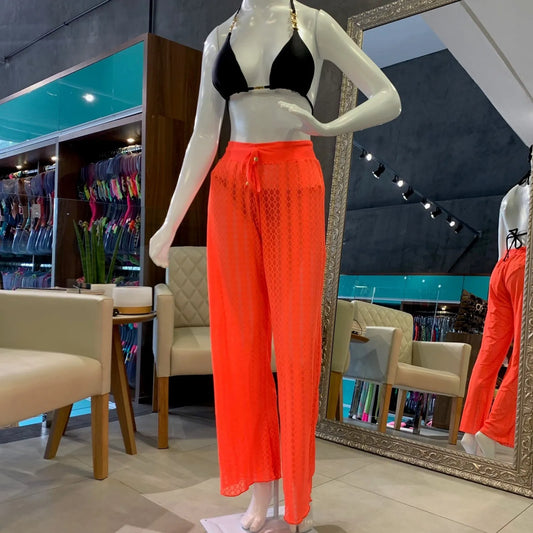 WOMAN COVER UP BEACH PANTS - CORAL NEON